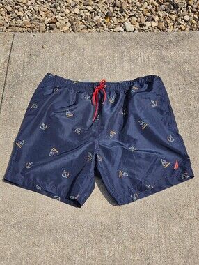 Nautica Men's Navy Anchor & Sailboat Lined Drawstring Swim Trunks Pockets XXL